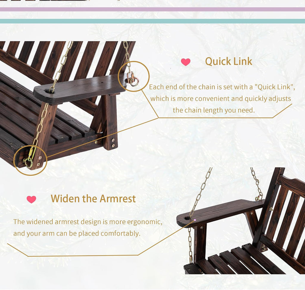 Anraja Wooden Porch Swing 2-Seater Bench Swing with Hanging Chains Heavy Duty 800 LBS for Outdoor Patio Garden Yard, Large 4 Ft, Dark Brown