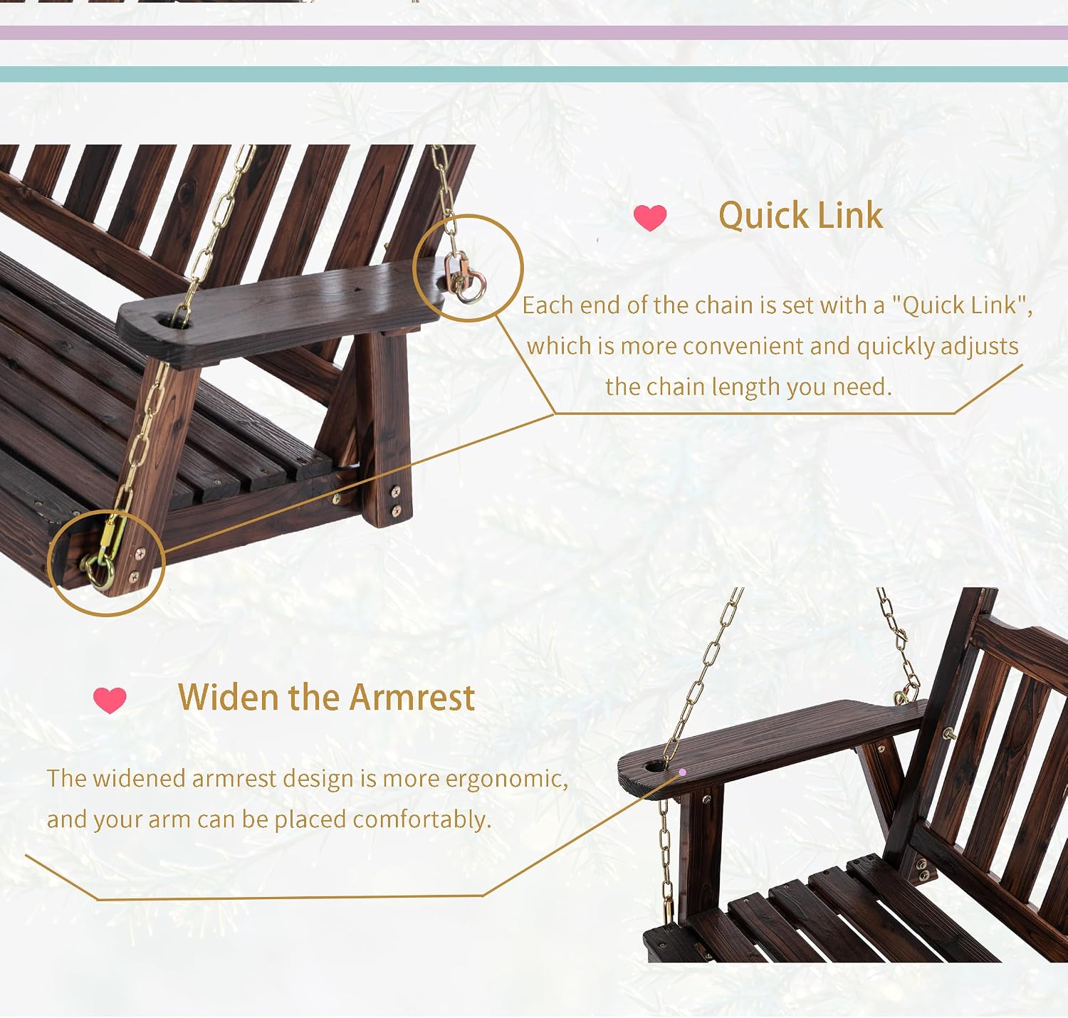 Anraja Wooden Porch Swing 2-Seater Bench Swing with Hanging Chains Heavy Duty 800 LBS for Outdoor Patio Garden Yard, Large 4 Ft, Dark Brown