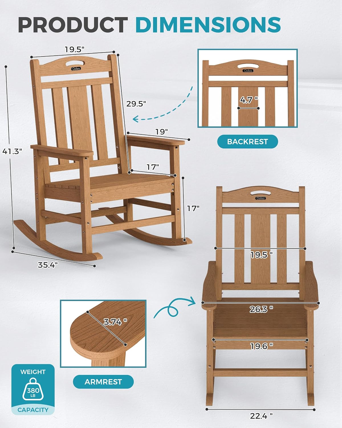 Ciokea Oversized Outdoor Rocking Chairs Set of 6, 380lbs Heavy-Duty Large Patio Rocker, High Back Cozy Porch Chairs, Weather Resistant Patio Rocking Chairs for Outside, Fire Pit, Deck, Teak