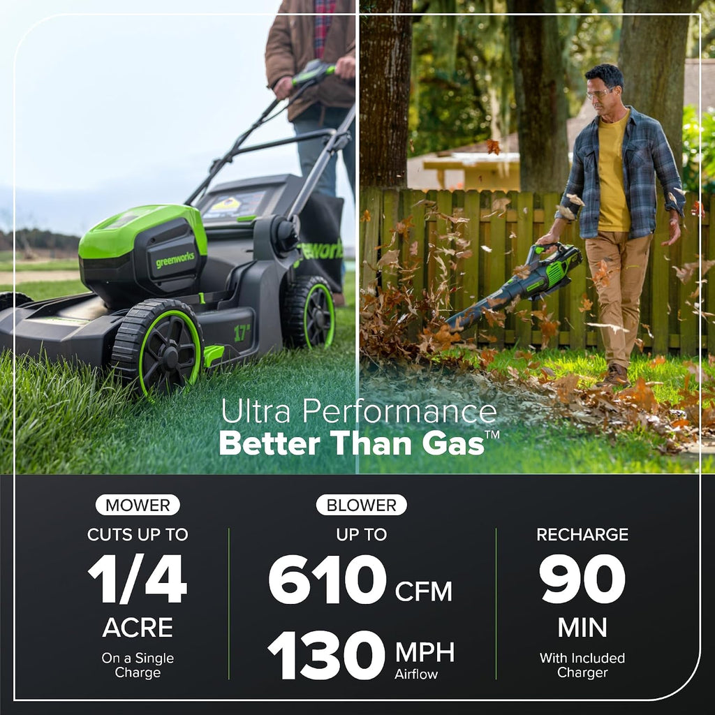 Greenworks 60V 17' Brushless (Push) Mower + 60V (610 CFM) Brushless Blower, 4.0Ah Battery and 3A Charger