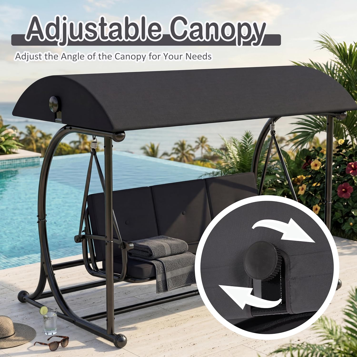 3 Seat Patio Swing with Canopy, Convertible Porch Swing Bed for Adults, Heavy Duty Outdoor Swing Chair with Stand for Backyard Garden Balcony, Thick Cushion, Gray