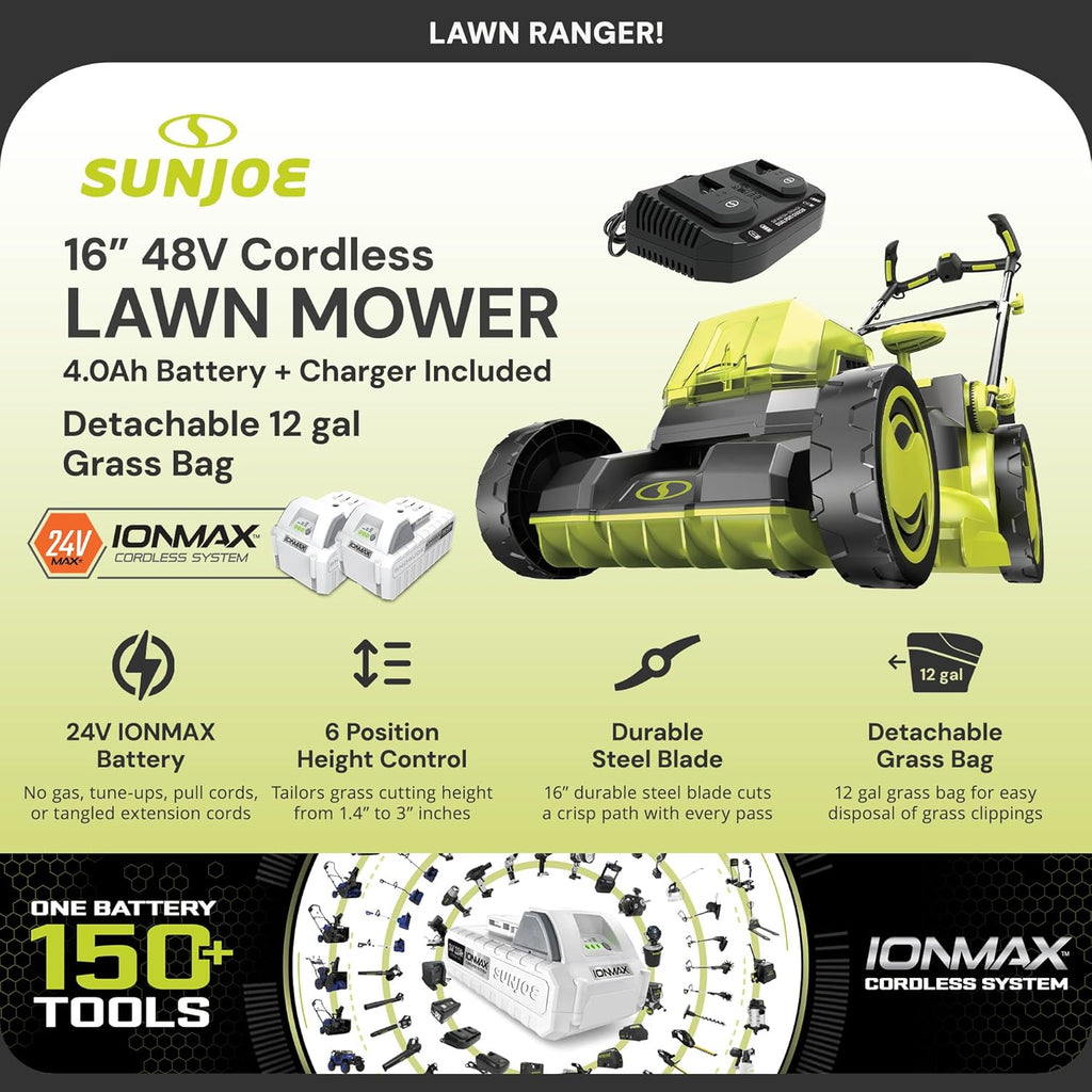 Sun Joe 24V-X2-16LM 48-Volt IONMAX Cordless Brushless Lawn Mower Kit, W/ 4.0-Ah Battery + Dual Port Charger & 12-Gallon Collection Bag, 16-Inch, Comfort Grip, One Touch 6-Position Height Adjustment