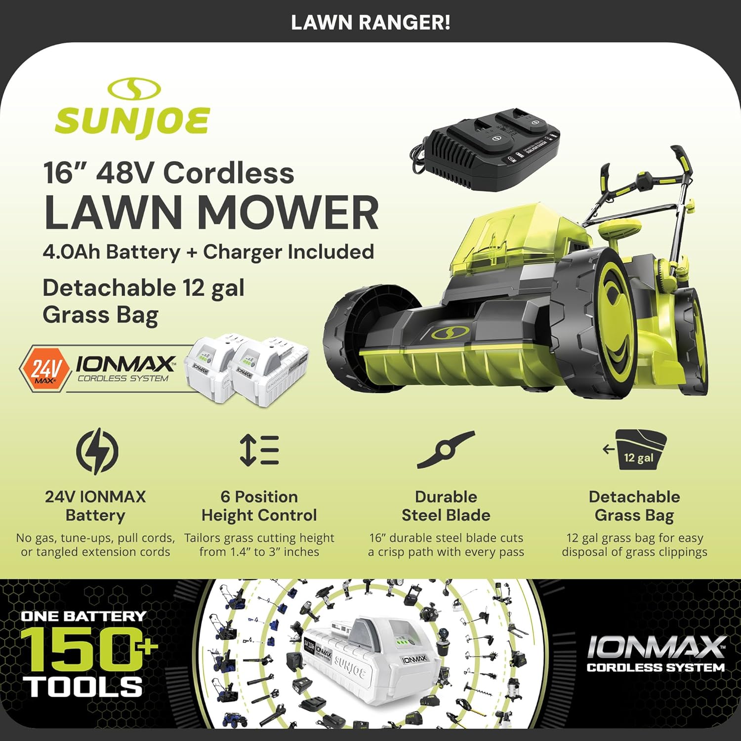 Sun Joe 24V-X2-16LM 48-Volt IONMAX Cordless Brushless Lawn Mower Kit, W/ 4.0-Ah Battery + Dual Port Charger & 12-Gallon Collection Bag, 16-Inch, Comfort Grip, One Touch 6-Position Height Adjustment