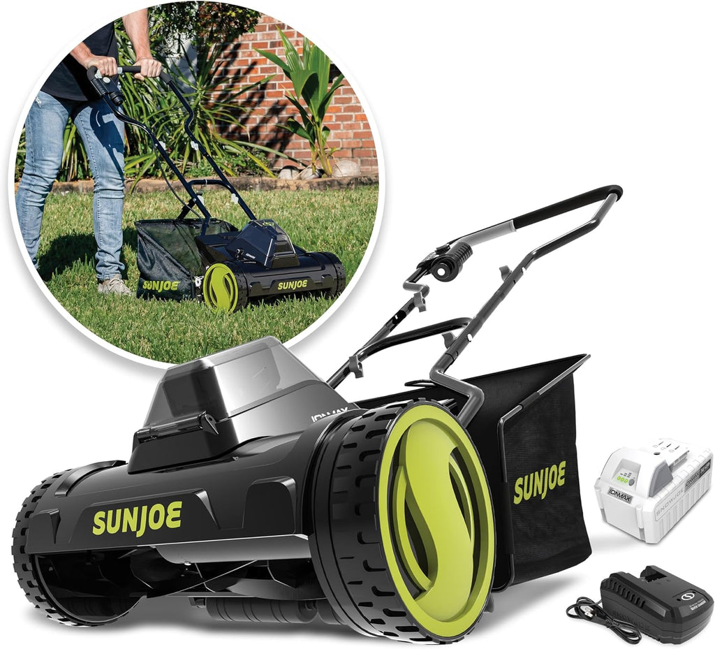Sun Joe Cordless Electric Push Lawn Mower with 11.9-Gal Bag, 15-Inch Cutting Width, 360W Motor - Heavy-Duty Yard Trimmer for Gardening Care and Maintenance, IONMAX 24V-CRLM15