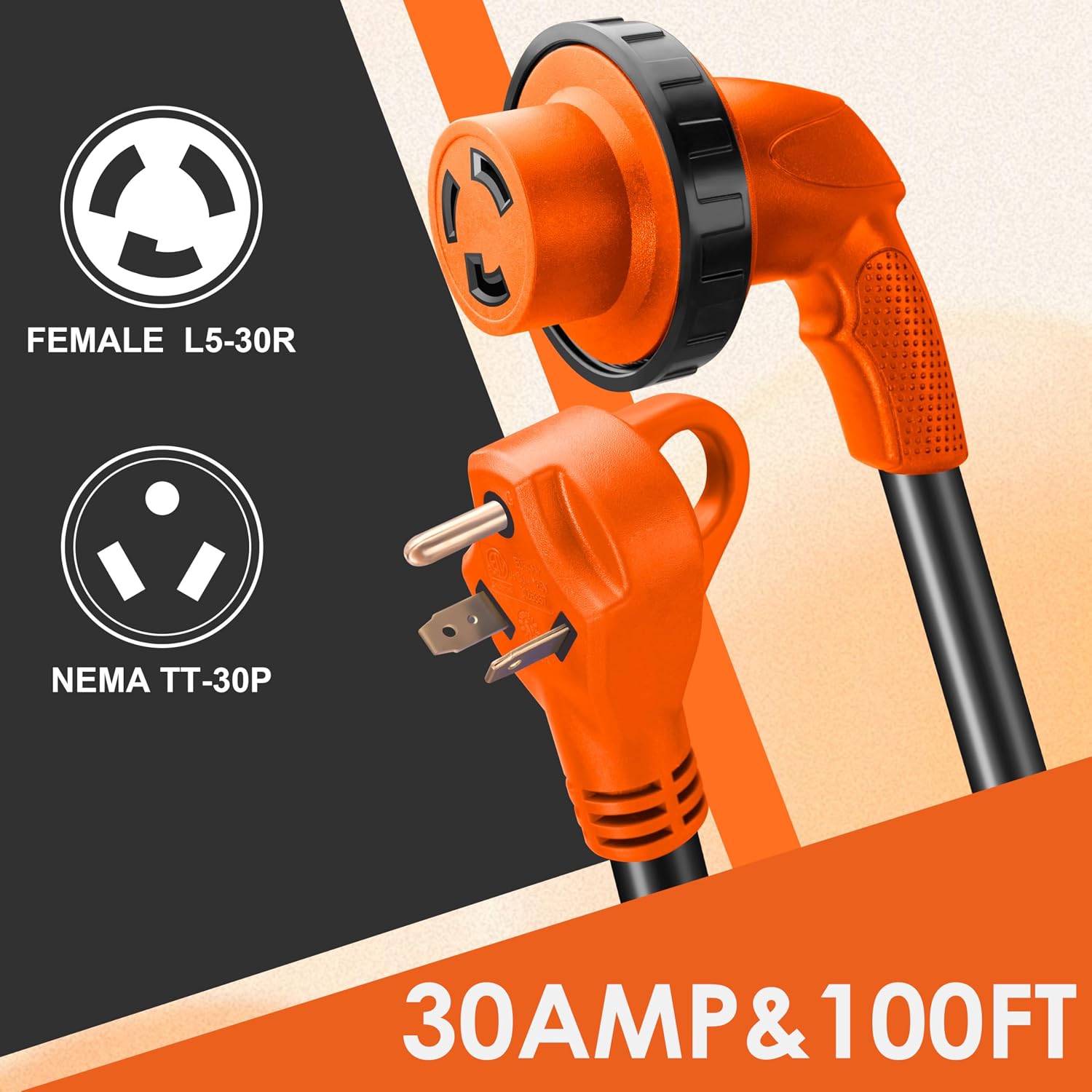 30 Amp RV Extension Cord,100 ft,Heavy Duty Generator Extension Cord with LED Power Indicator,30 AMP Female 90° Twist Lock Adapter with Reverse Polarity Lamp,NEMA TT-30P to L5-30R,120V/125V