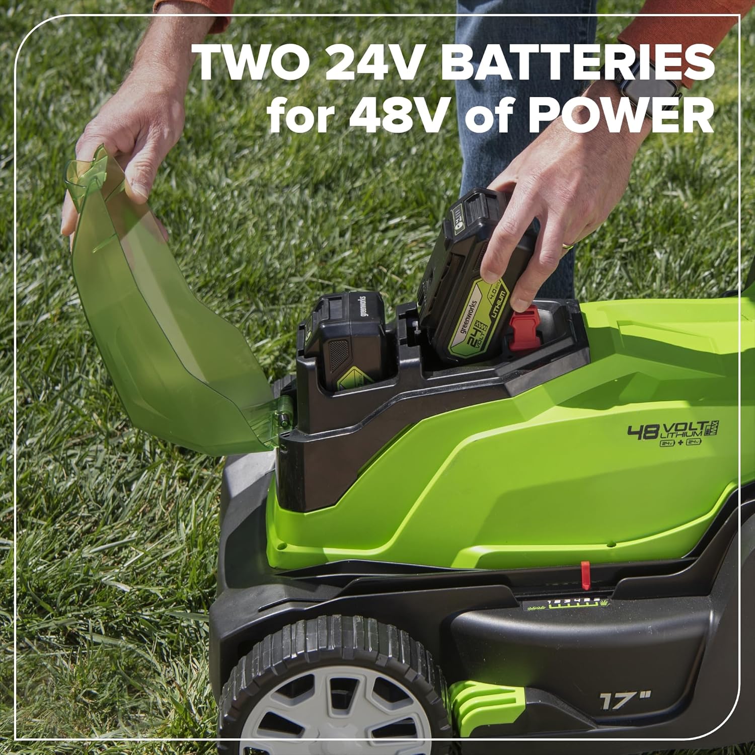 Greenworks 48V (24V x 2) 17' Cordless (Push) Lawn Mower (200+ Compatible Tools), (2) 4.0Ah Batteries and Dual Port Rapid Charger Included