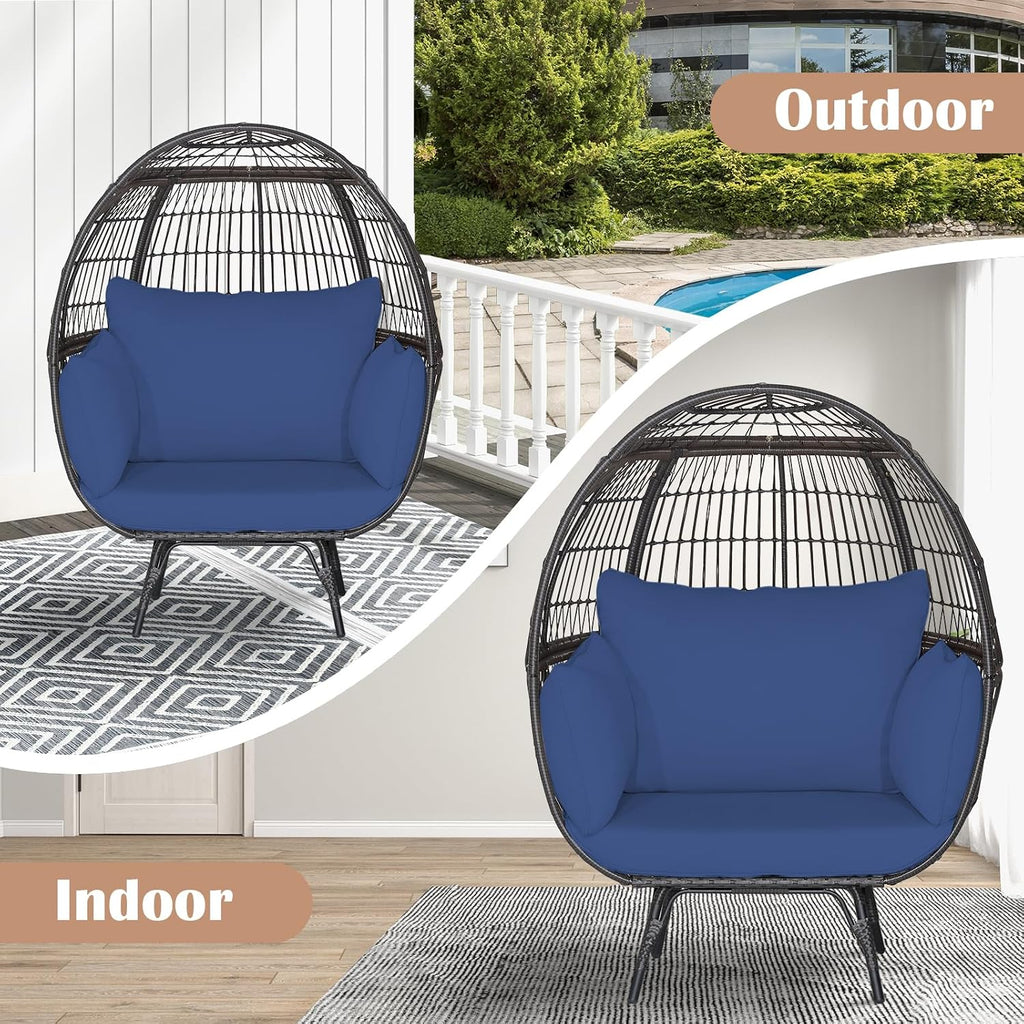 Giantex Oversized Wicker Egg Chair, Outdoor & Indoor Hammock Chair with Thick Cushions, 2-Person PE Rattan Lounge Chair Swing Chair for Patio, Backyard,Porch, 450 LBS Weight Capacity (Dark Blue)