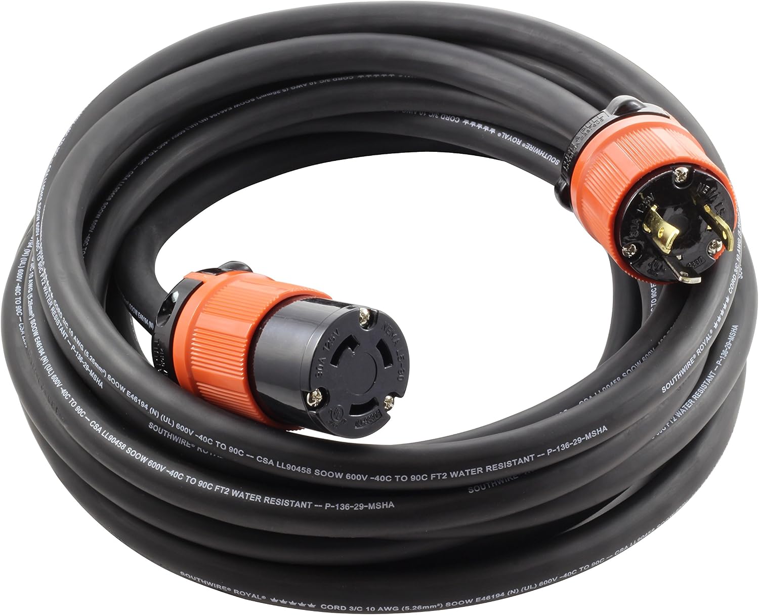 AC WORKS [L530PR] SOOW 10/3 3-Prong NEMA L5-30 30Amp 125Volt Generator Rubber Locking Extension Cord (100FT)