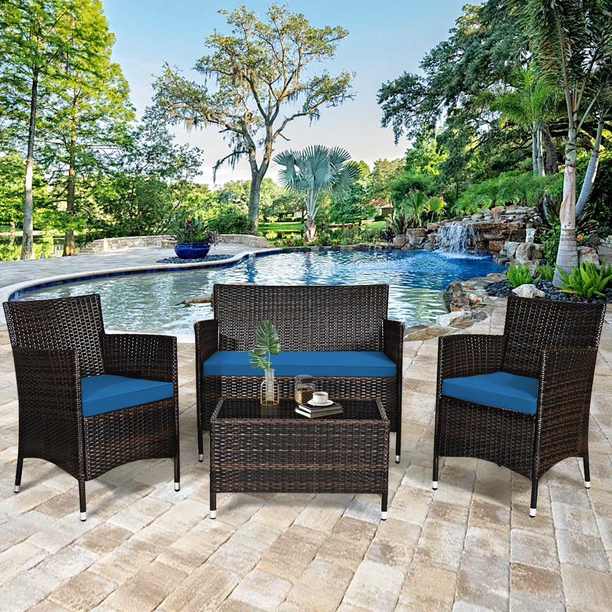 Goplus 4-Piece Rattan Patio Set, Outdoor/Indoor Wicker Conversation Set for Pool, Backyard, Lawn, Wicker Chairs and Sofa with Soft Cushion, Rattan Furniture with Tempered Glass Coffee Table