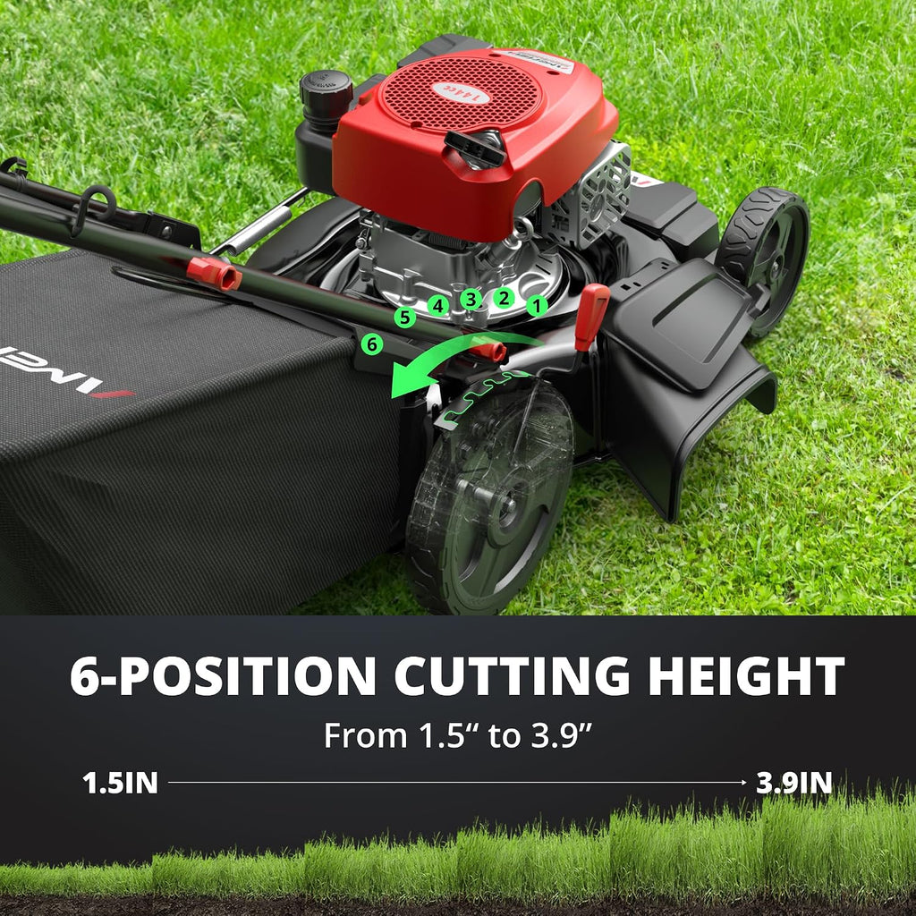 21' Steel Deck Gas Lawn Mower, 3-in-1 Push Mower, 144cc 4-Stroke OHV Engine, 6 Height Adjustment, 1.4 Bushel Grass Catcher with Bagging, Mulching & Side Discharge Efficient for Yard Garden