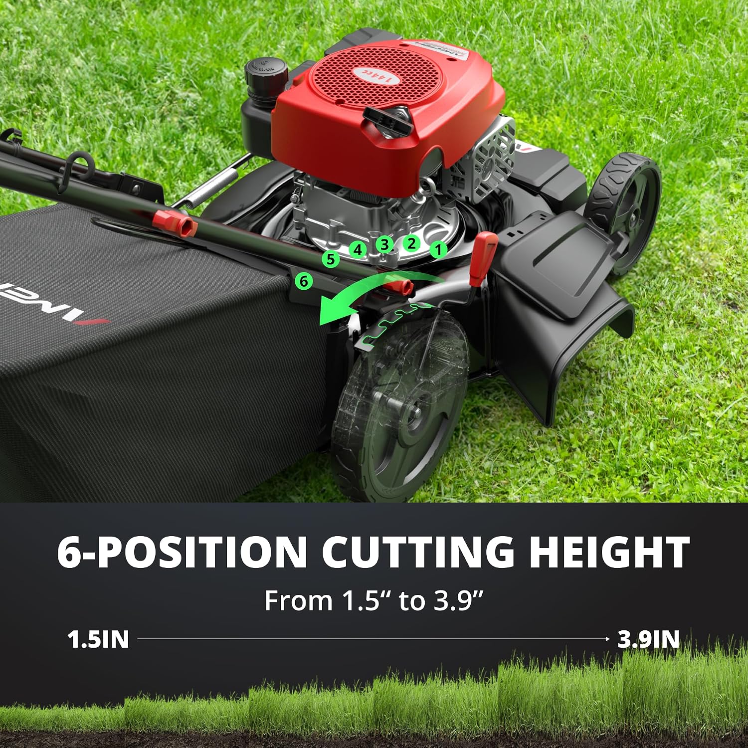 21' Steel Deck Gas Lawn Mower, 3-in-1 Push Mower, 144cc 4-Stroke OHV Engine, 6 Height Adjustment, 1.4 Bushel Grass Catcher with Bagging, Mulching & Side Discharge Efficient for Yard Garden