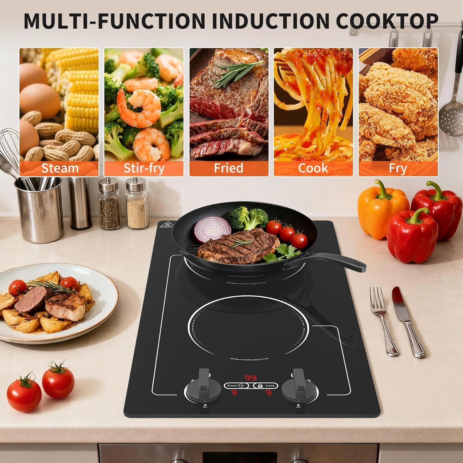 VBGK 2 burner Induction cooktop,110V 2300W double burner hot plate with LED Touch Screen, 9 Power Levels, Kids Lock & Timer, Overheat Protection, knob and touch control Double Induction Cooktop