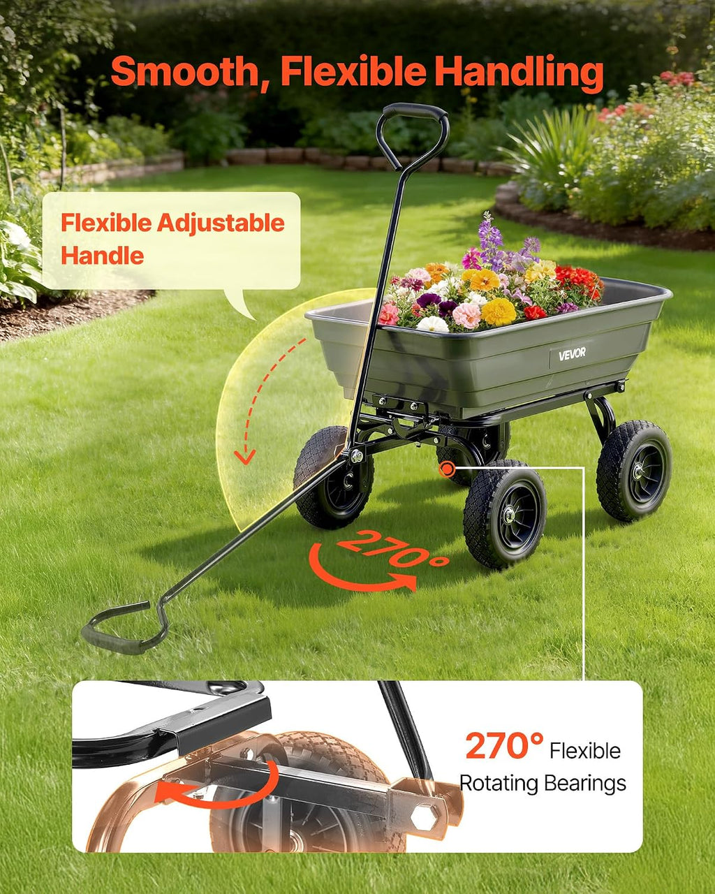 VEVOR 4 Cu.Ft 600LBS Poly Garden Cart Dump Wagon, 4 Wheel Heavy Duty Wheelbarrow with 10' Flat Free Tires, Yard Cart Dump Wagon with Quick-Release System