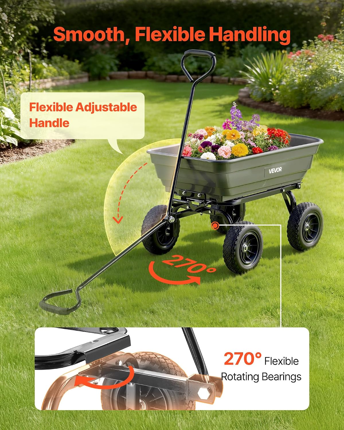 VEVOR 4 Cu.Ft 600LBS Poly Garden Cart Dump Wagon, 4 Wheel Heavy Duty Wheelbarrow with 10' Flat Free Tires, Yard Cart Dump Wagon with Quick-Release System