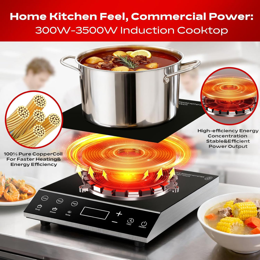 Commercial Induction Cooktop, 3500W 220V Electric Countertop Burner with Large heating area, 5 Quick-Temp Modes, Timer & LED Display, Portable Induction Hot Plate for Restaurant Kitchen Hotel Catering