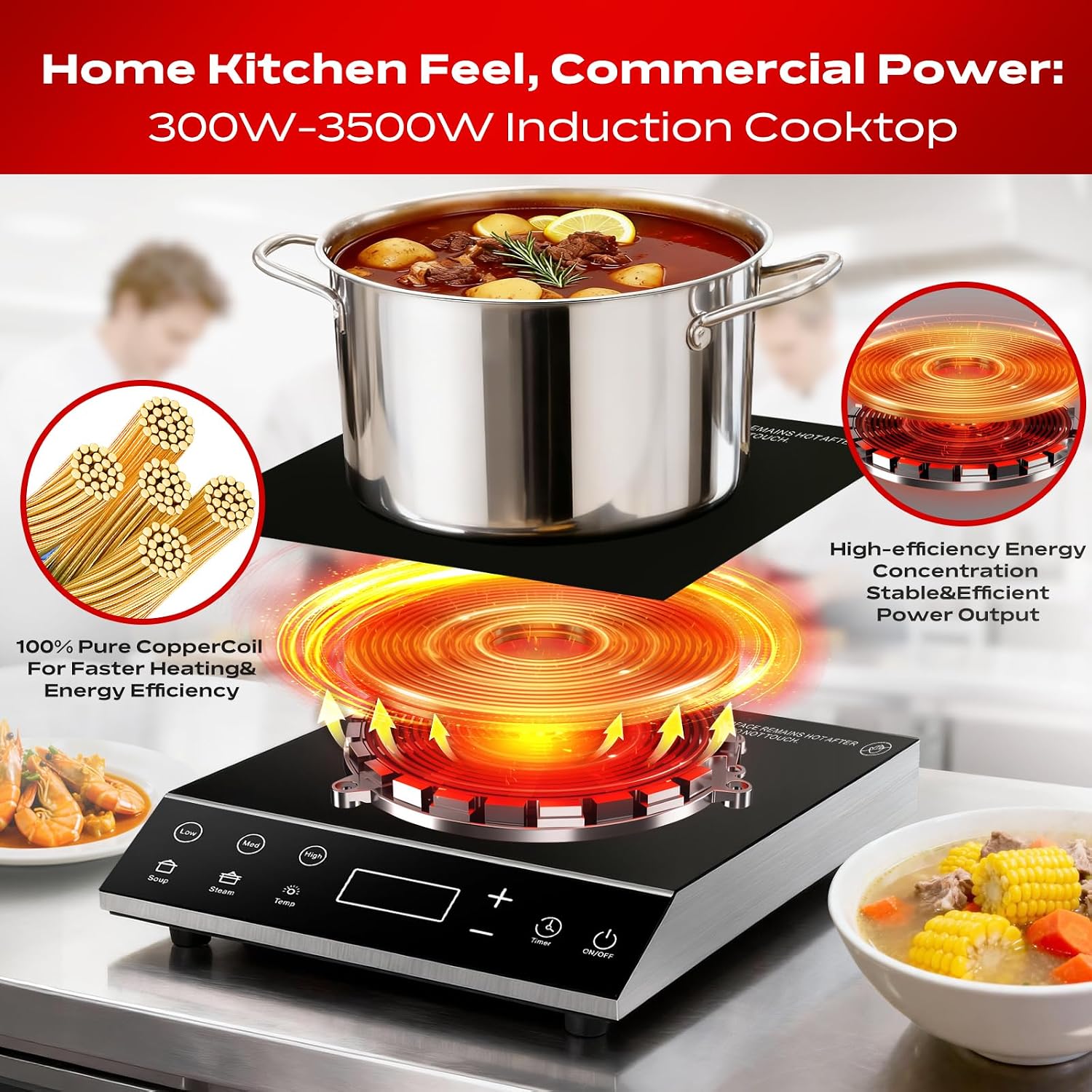 Commercial Induction Cooktop, 3500W 220V Electric Countertop Burner with Large heating area, 5 Quick-Temp Modes, Timer & LED Display, Portable Induction Hot Plate for Restaurant Kitchen Hotel Catering