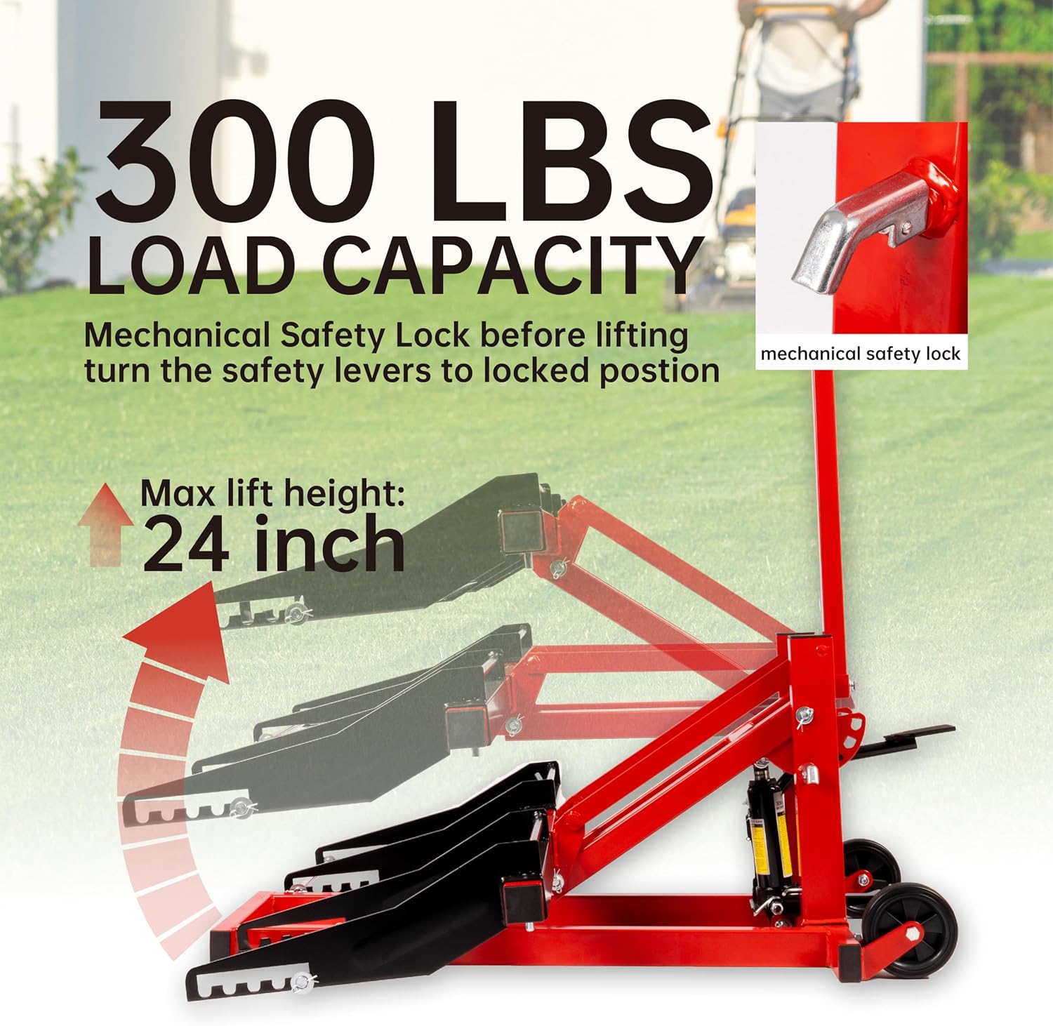 300lb Capacity, Adjustable Riding Lift Jack Heavy Duty Construction with Safety Lock, Non-Slip Wheels&Handle for Tractors, Atvs and Zero Turn Lawn Mowers