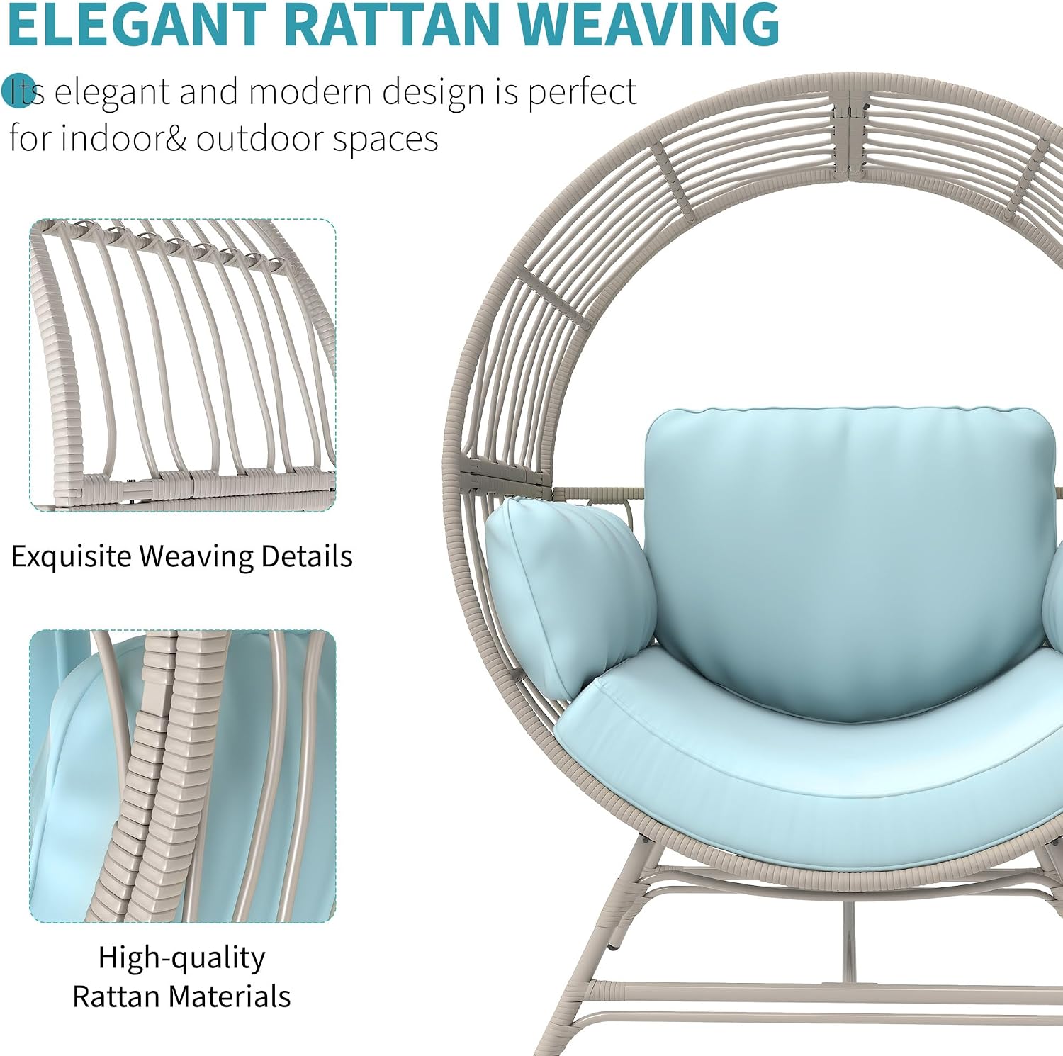 Fancyango Egg Chair Outdoor Indoor, Oversized Rattan Chair with Thicken Cushion, 350LBS Capacity Wicker Patio Lounge Chair, Basket Chair for Living Room Balcony Porch Backyard, Blue