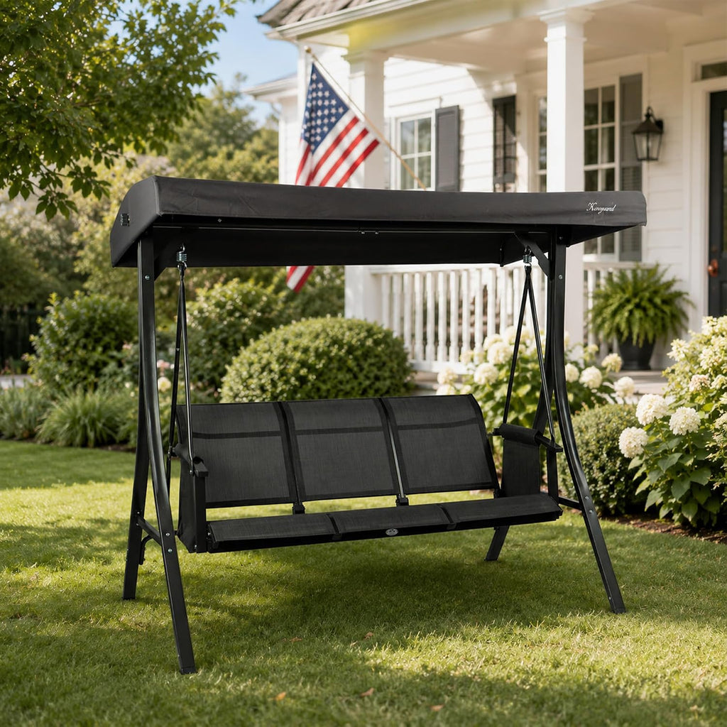 Kozyard Brenda 3-Seat Outdoor Porch Swing Glider, Patio Swing with Adjustable Canopy, Steel Frame, Breathable Textilene Seat & Back, Side Pockets (Gray)