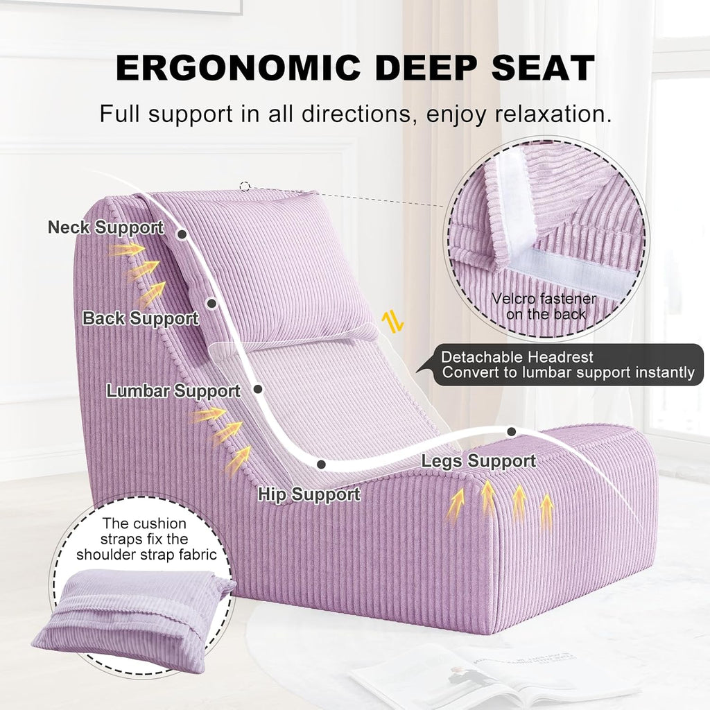 Giant Bean Bag Chair for Adults,Corduroy Chaise Lounge with Unrivaled Back Support, Detachable Neck Pillow, Comfortable Ottoman & Washable Cover for Living Room, Bedroom, Garden (Taro)
