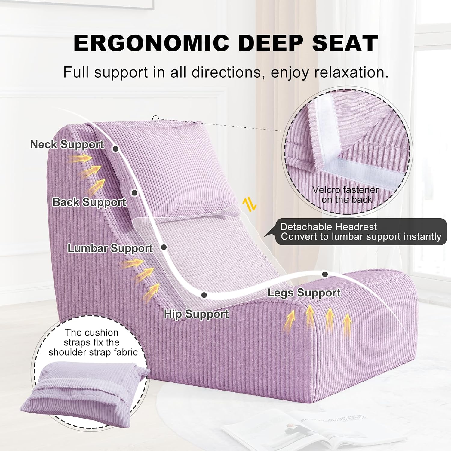 Giant Bean Bag Chair for Adults,Corduroy Chaise Lounge with Unrivaled Back Support, Detachable Neck Pillow, Comfortable Ottoman & Washable Cover for Living Room, Bedroom, Garden (Taro)
