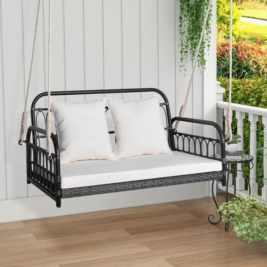 HAPPYGRILL 2-Person Patio Wicker Swing Chair, Hanging Outdoor Swing Bench with Removable Cushions, 880 LBS Weight Capacity, Outdoor Front Porch Swing for Garden Poolside Backyard