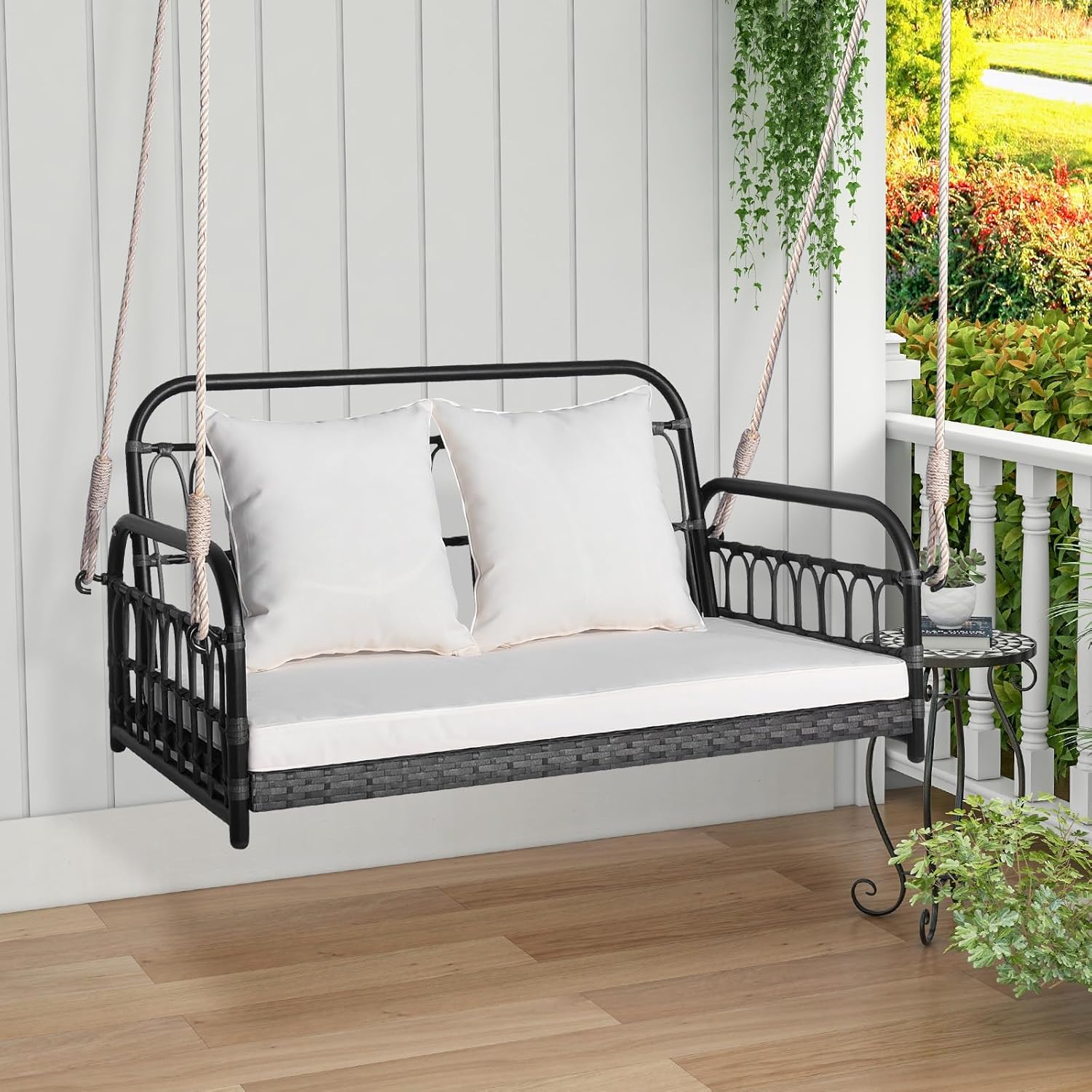 HAPPYGRILL 2-Person Patio Wicker Swing Chair, Hanging Outdoor Swing Bench with Removable Cushions, 880 LBS Weight Capacity, Outdoor Front Porch Swing for Garden Poolside Backyard