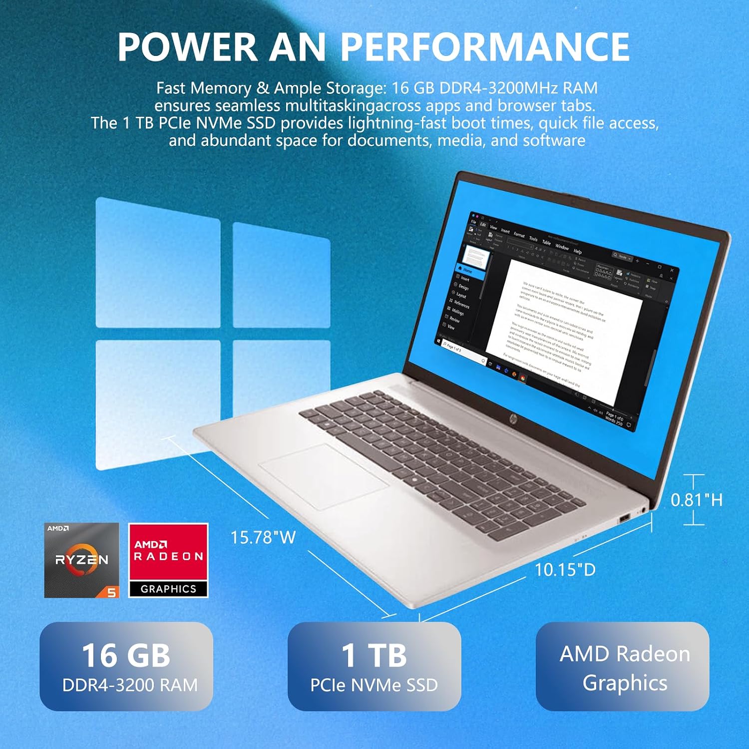 HP 17 Laptop, 17.3' FHD Display, 32GB RAM, 1TB SSD, AMD Ryzen 5 Processor(Beats i7-1165G7, Up to 4.3GHz), Webcam, Numeric Keypad, Long Battery Life, Windows 11 Home, Alpacatec Accessories, Silver