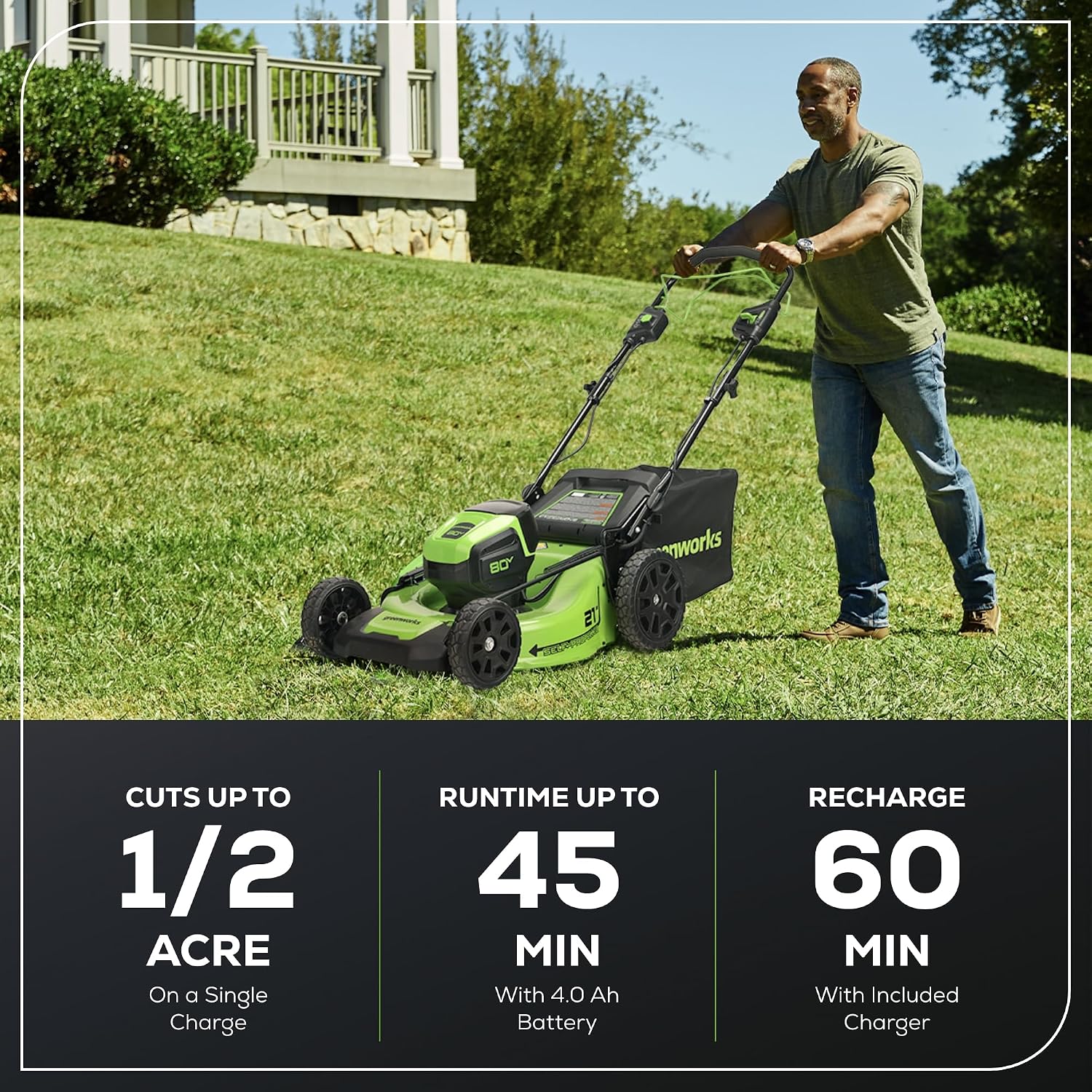 Greenworks 80V 21' Brushless Cordless (Self-Propelled) Lawn Mower (75+ Compatible Tools), 4.0Ah Battery and 60 Minute Rapid Charger Included