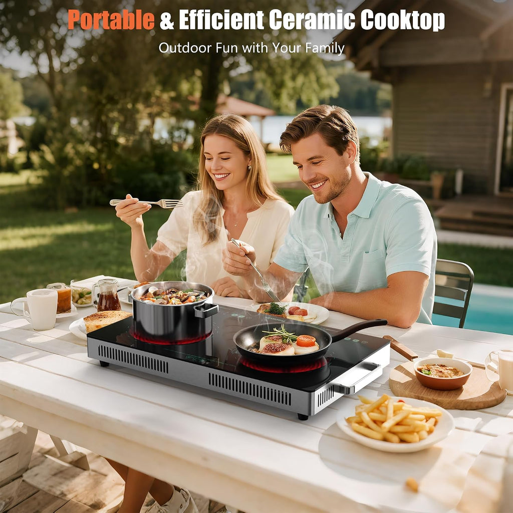 2 Burner Electric Cooktop, Two Burner Electric Stove 24 Inch, Portable Ceramic Cooktop with Handle, SensorTouch & Knob Control, Child Lock, Timer, 9 Power Levels, 110V-120V Plug in, Green