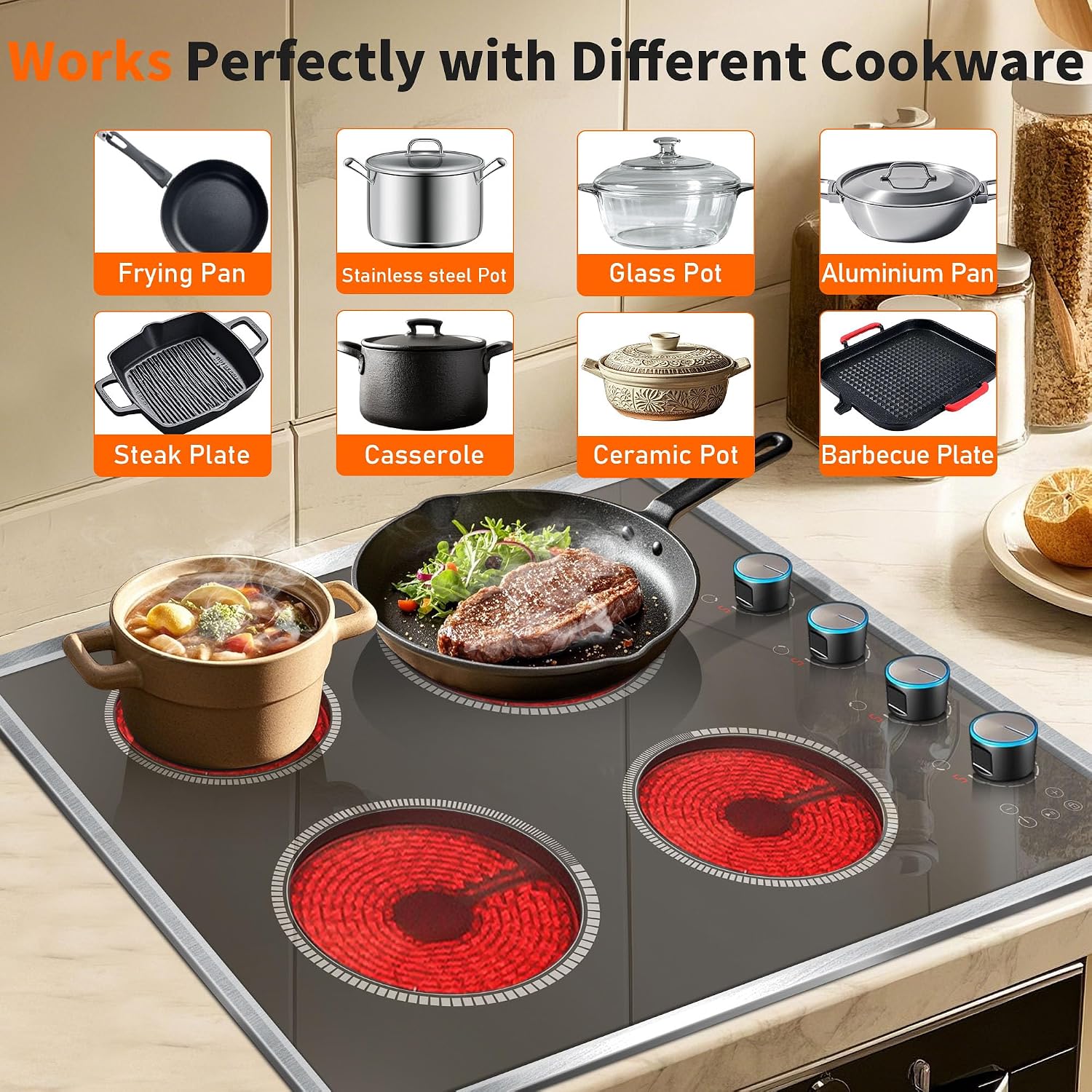4 Burner Electric Cooktop, 24 Inch Electric Stove 6000W, 220V-240V Built-in Ceramic Stovetop with Knob Control, Child Lock, Timer Control, Residual Heat Indicator, Hard Wire(No Plug)