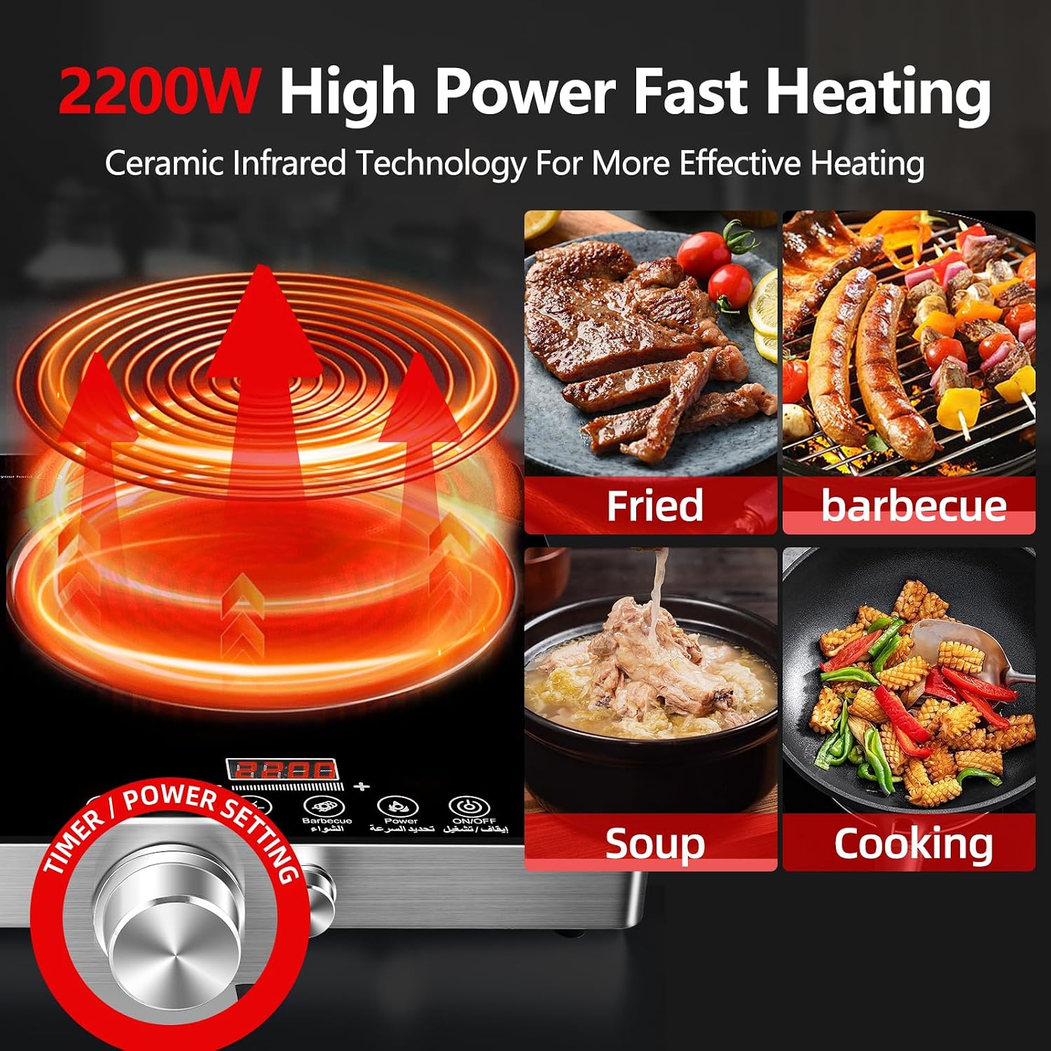 2 Burner Electric Cooktop, 2200W+2200W 110V Electric Double Burner with 3H Timer, Adjustable Temperature for Countertop Cooking, Portable Stove Top Infrared Cooker, Compatible for All Cookware