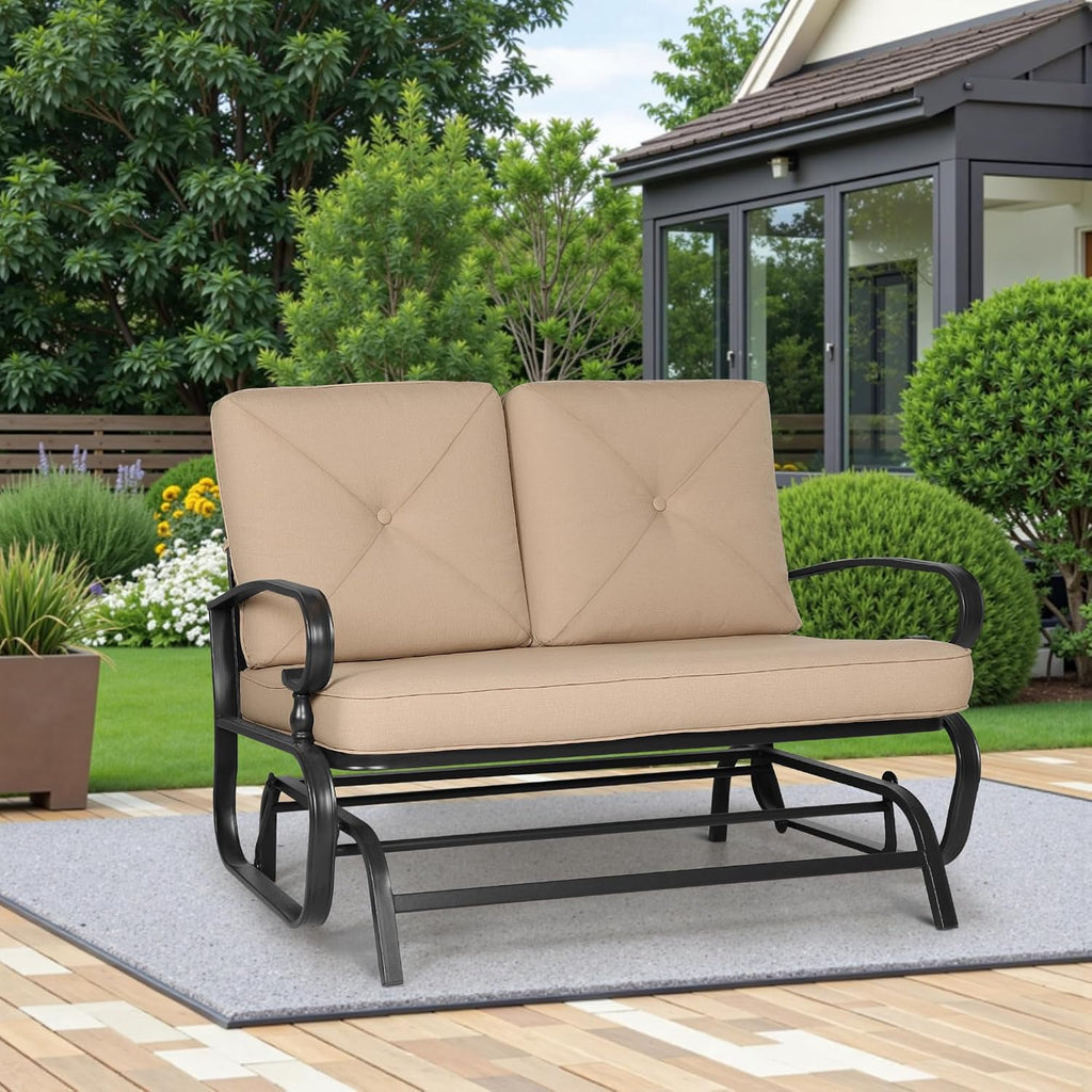 Incbruce Outdoor Glider Rocking Chair Patio Glider Bench for 2 Person, Porch Loveseat Seating Patio Steel Frame Chair Set with Cushion for Porch, Patio, Garden (Brown)
