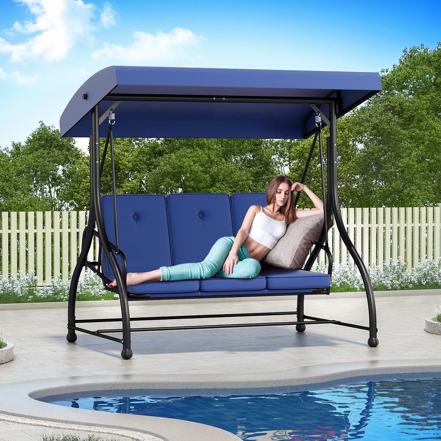 3-Seat Patio Swing Chair Outdoor Heavy Duty Steel Frame with Adjustable Canopy Removable Cushions - All Weather Porch Swings Glider for Backyard, Garden, Poolside - Navy Blue