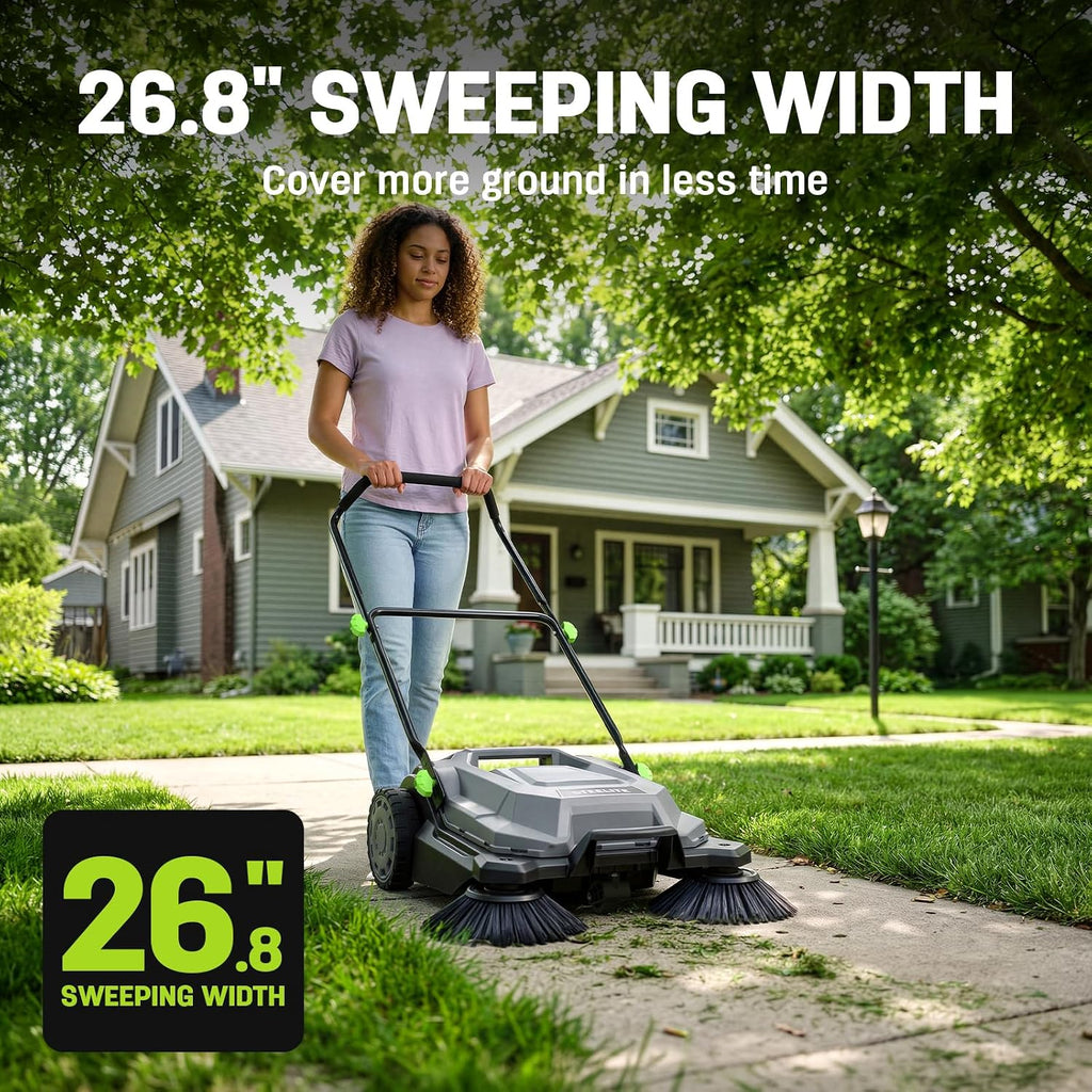 STEELITE Walk-Behind Hand Push Floor Sweeper, 26.8' Sweeping Width Floor Sweeper Manual Non-Electric, 6.35 Gal Waste Container, Angle & Height Adjustable Folding Handle for Walkway, Yard and Patio