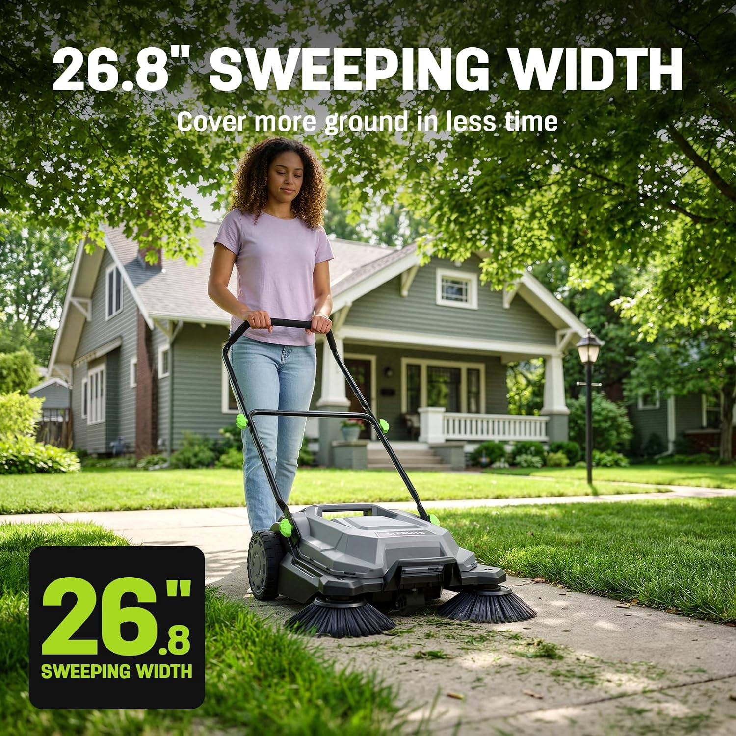STEELITE Walk-Behind Hand Push Floor Sweeper, 26.8' Sweeping Width Floor Sweeper Manual Non-Electric, 6.35 Gal Waste Container, Angle & Height Adjustable Folding Handle for Walkway, Yard and Patio
