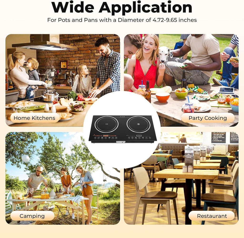 Double Burner Induction Cooktop 2400W Portable Electric Stove With Horizontal Design Fast Heating Perfect For Home Kitchen Apartment Restaurant Camping Caravan And Party Use