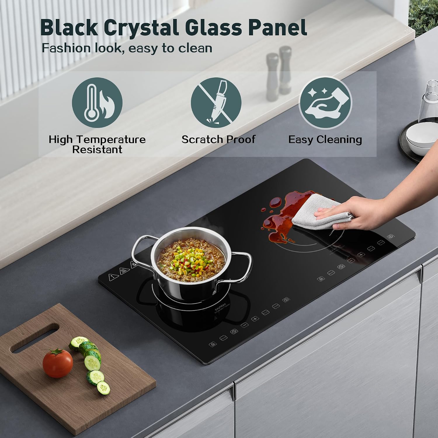 Induction Cooktop with 2 Burners, Horizontal Electric Stove, Built-In Induction Cooker, 1800W Sensor Touch Electric Cooktop, 9 Power Levels, Timer, Safety Lock, 120V, 20 Inch