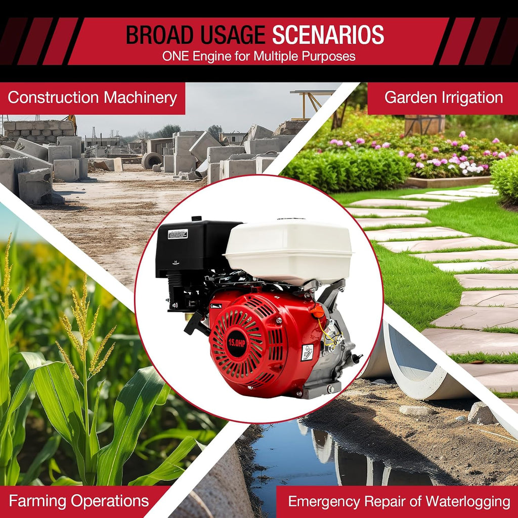 15HP Gas Engine Motor, 420CC 4 Stroke OHV Pull Start 3600RPM Industrial Grade Gasoline Powered Multi-Use Engine Air Cooled for Water Pump Go-Karts Lawnmowers