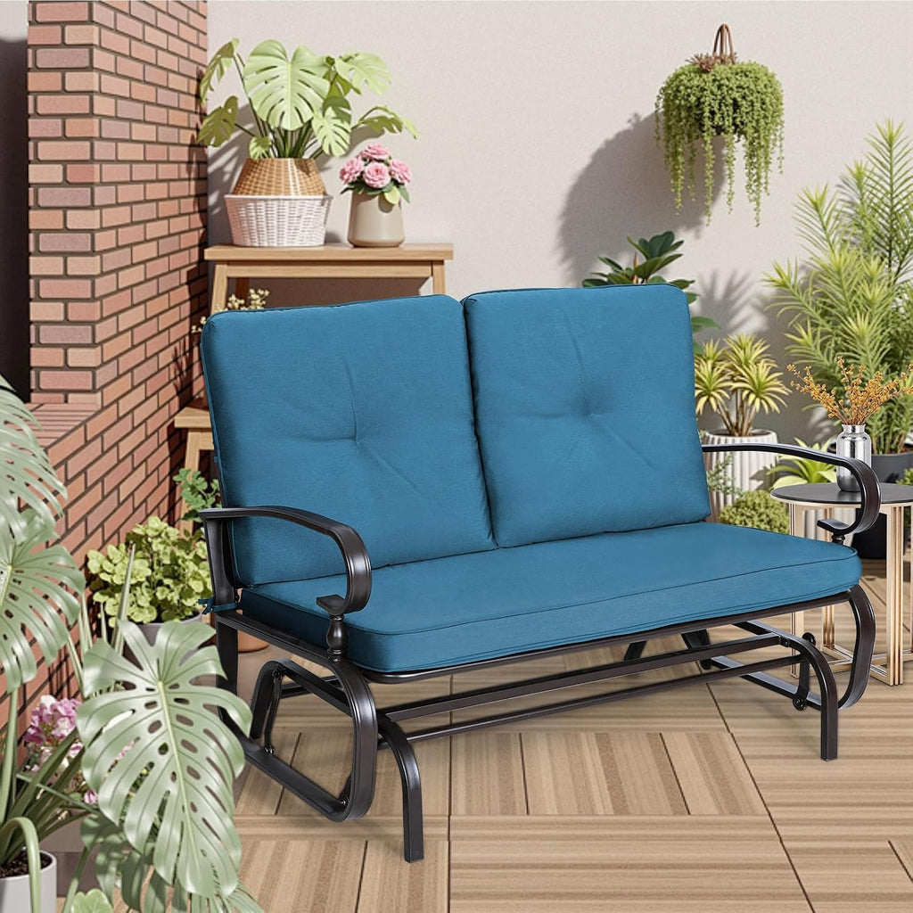 Incbruce Outdoor Glider Rocking Chair Patio Glider Bench for 2 Person, Porch Loveseat Seating Patio Steel Frame Chair Set with Cushion for Porch, Patio, Garden (Blue)