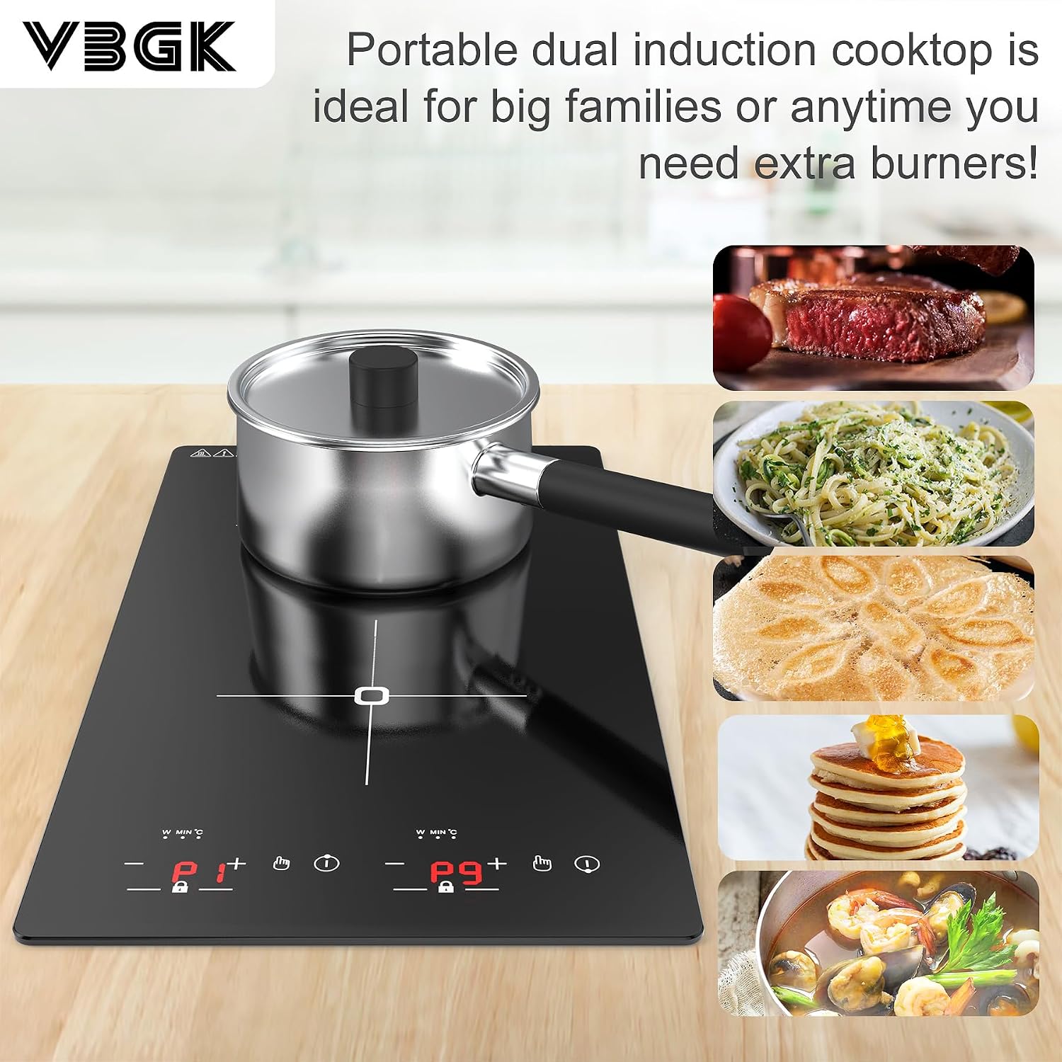 VBGK Double Induction Cooktop, 2300W 110V Portable Induction Cooktop with LED Touch Screen 9 Levels Settings,Electric cooktop with Child Safety Lock & Timer 2 burner