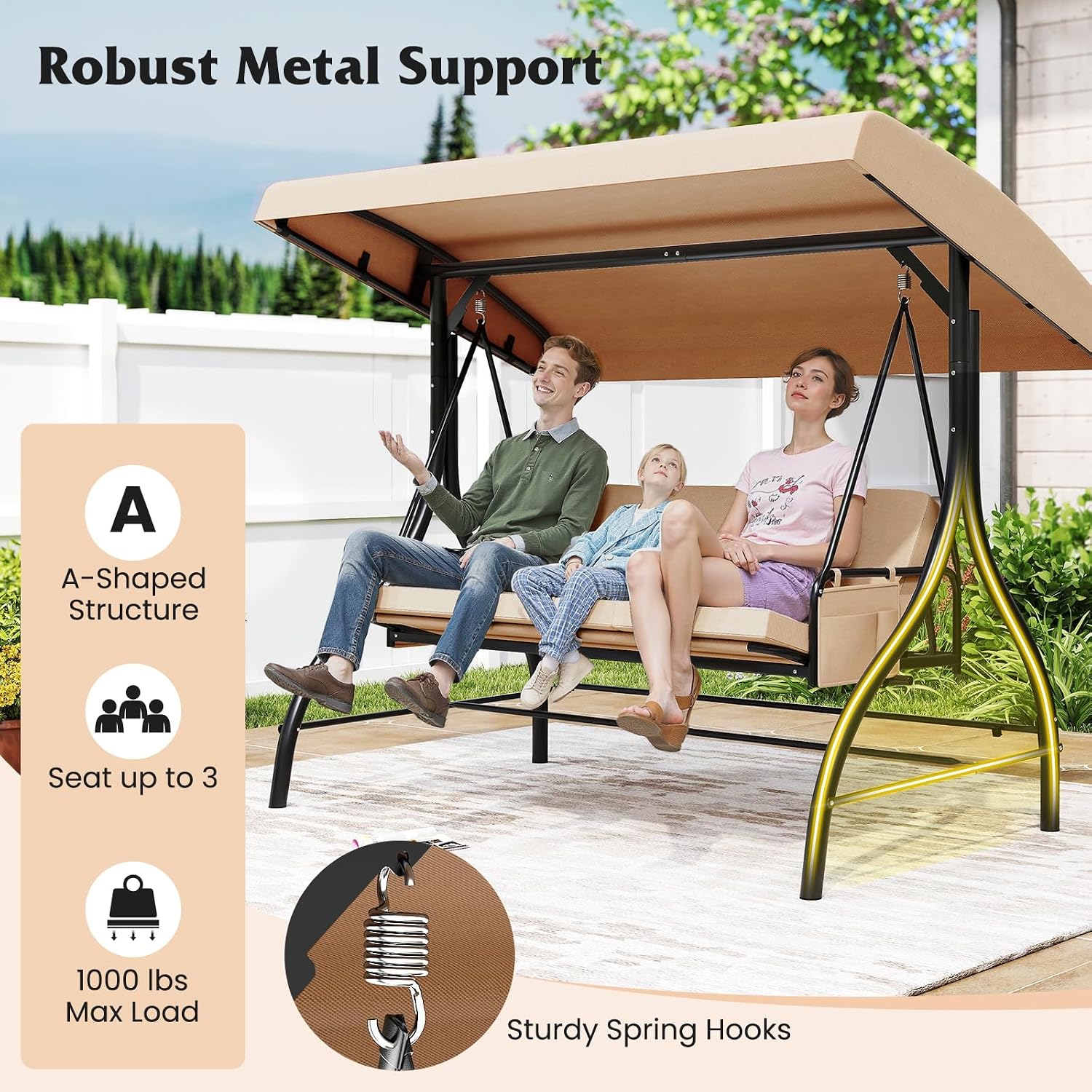 Tangkula 3 Person Porch Swing, 2-in-1 Convertible Outdoor Swing with Adjustable Canopy, Removable Cushions, Metal Frame, Side Pockets for Backyard, Garden, Porch (Beige)