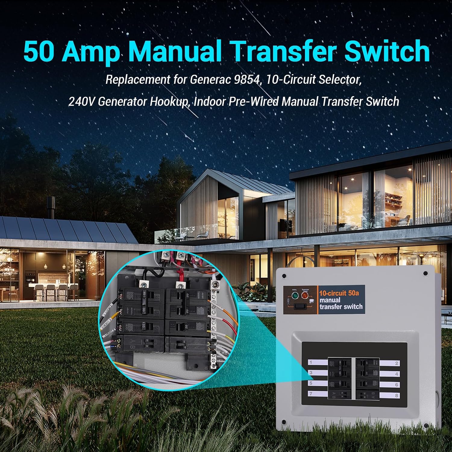50 Amp Manual Transfer Switch Replacement for Generac 9854, 10-Circuit Selector, 240V Generator Hookup, Indoor Pre-Wired Manual Transfer Switch