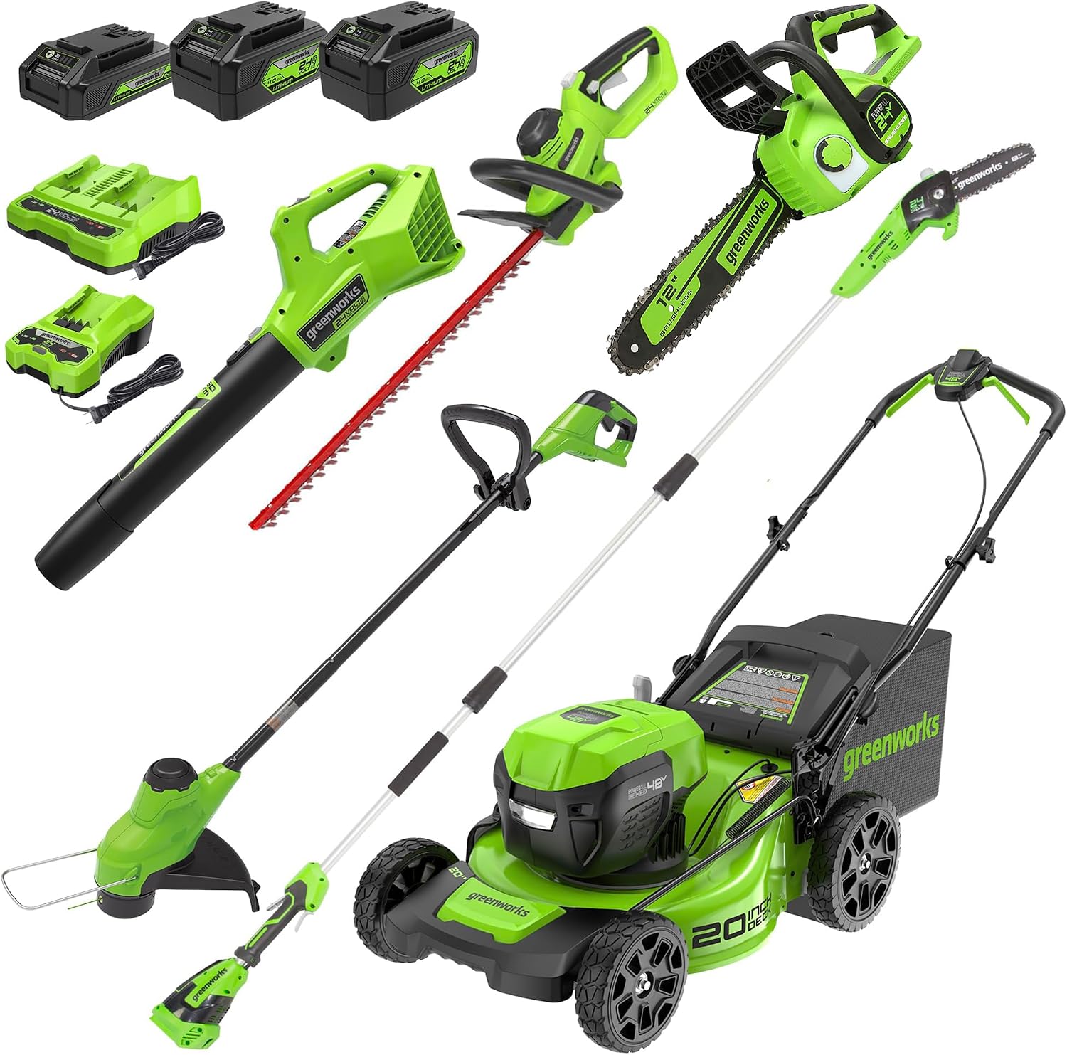 Greenworks 48V (24V x 2) 6-Piece Cordless Garden Tool Set - 20' Push Mower, 12' Trimmer, 320CFM Blower, 12' Chainsaw, 8' Pole Saw, 22' Hedge Trimmer with 3 Batteries, 2 Chargers - 3-Year Warranty