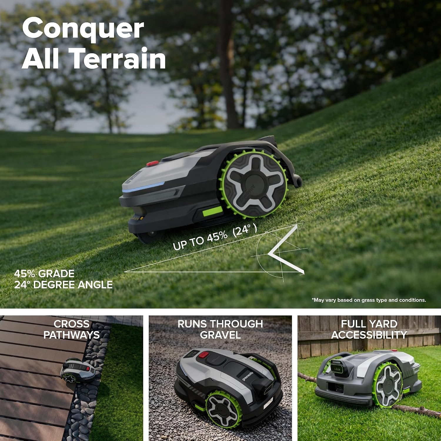 Greenworks C30Z Wire-Free Robotic Lawn Mower, up to 3/4 Acre, RTKVision Navigation, 24-Degree Slope Climbing, Smart Obstacle Avoidance, App Control with Electric Height Adjustment