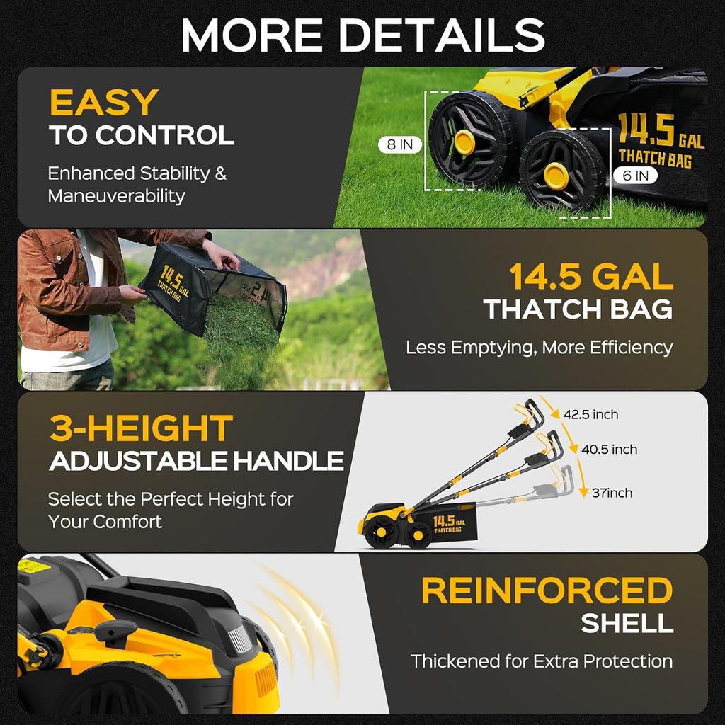 TIECTOWN 2026 Upgrade 16-Inch 15.5 Amp 2-in-1 Electric Dethatcher and Scarifier with 14.5-Gallon Collection Bag, Lawn Dethatcher with 5-Position Depth Adjustment, Keeps Lawn Healthy - Yellow