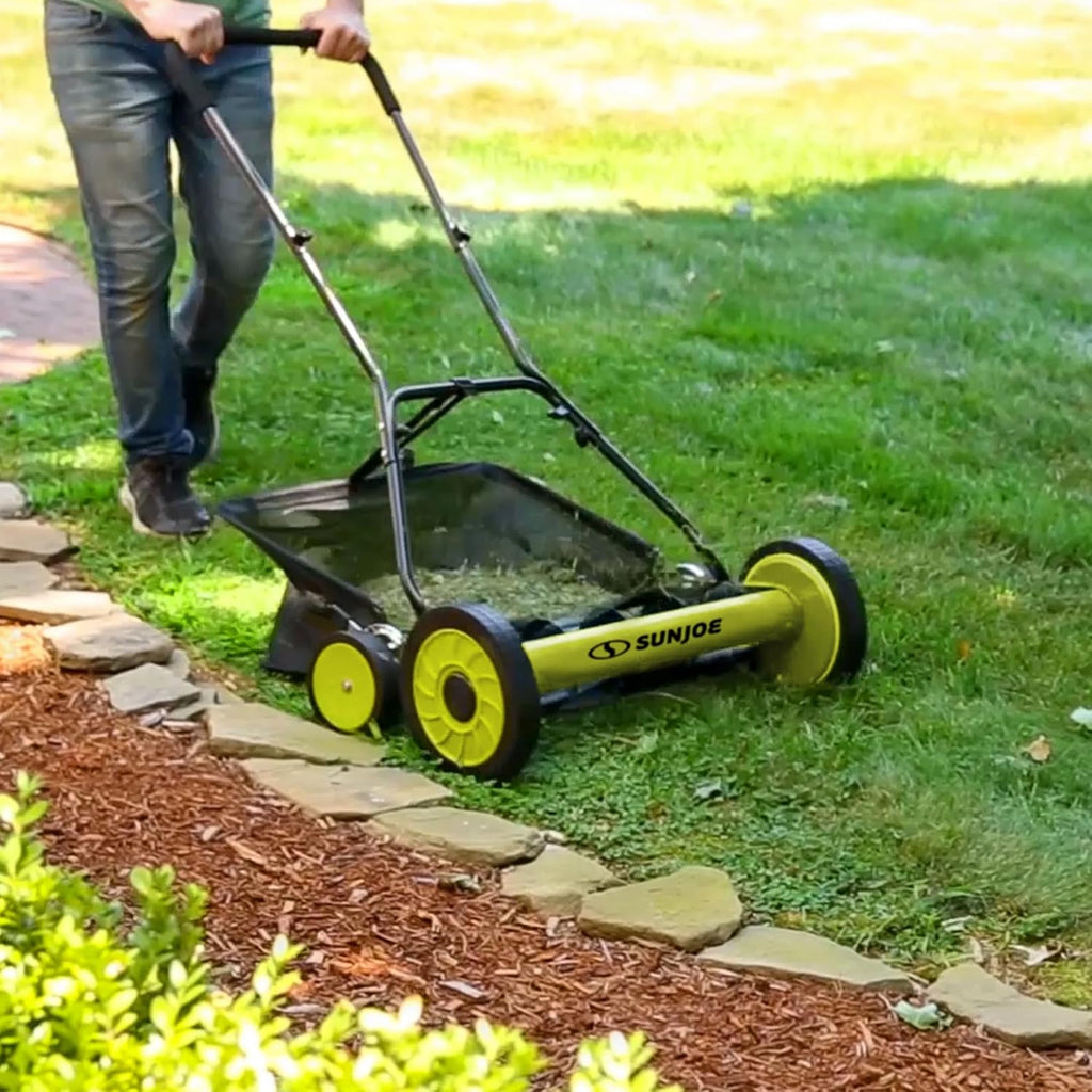 Sun Joe MJ502M Reel Mower w/ 8.5-Gallon, 9-Position Height Adjustment, Foam Grip, Compact Design, Green, 20-Inch Manual w/Grass Catcher