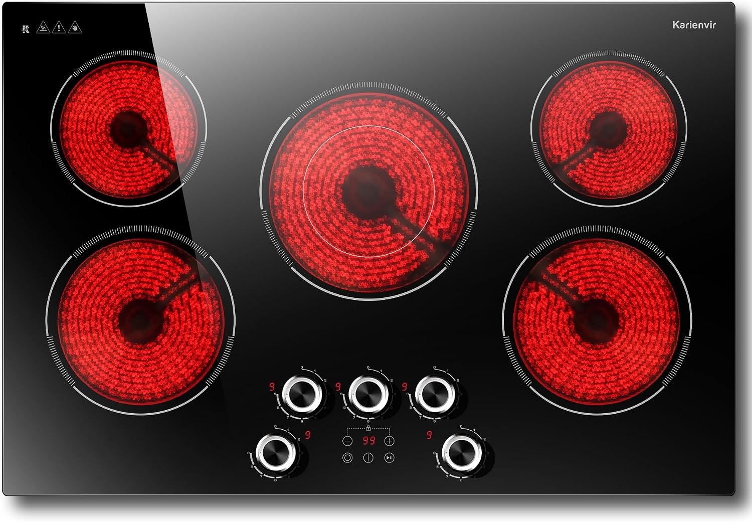 30 Inch Electric Cooktop Karienvir, 5 Burner Cooktop 8500W Built-in Electric Stove Top, Anti-slip Knob & Touch Control, Dual-Ring Burner, 30' Safety Lock, Timer, 220V Hardwired