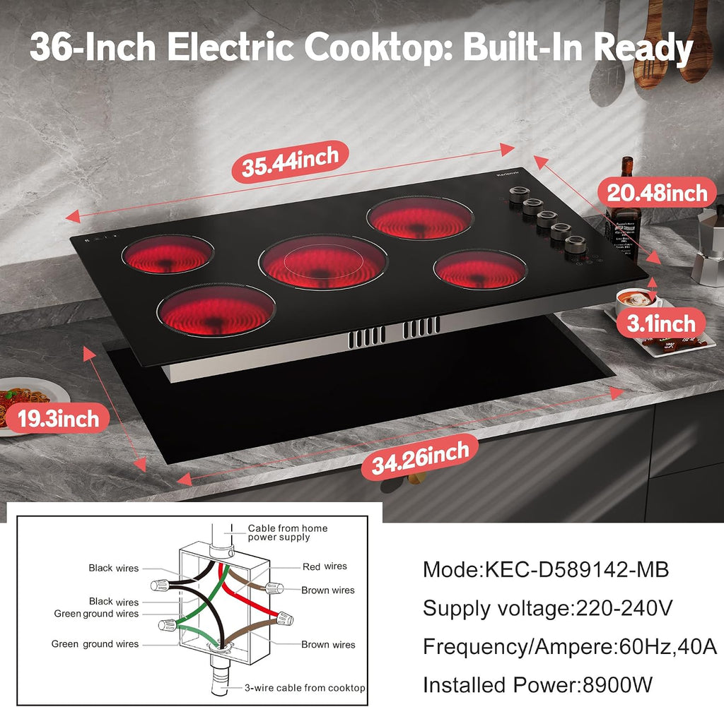 36 Inch Electric Cooktop 5 burner Karienvir, 8900W Built-in Electric Stove Top, Cooktop 36' with Double-ring Burner, Knob & Touch Control, 9 Power Levels, Timer, Safety Lock, 220V-240V Hard Wire
