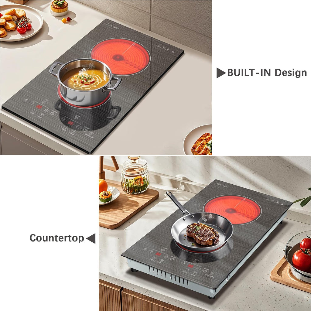 Karinear 2 Burner Electric Cooktop 110V, 12 Inch Countertop & Built-in Electric Stove Top, Plug-in Ceramic Cooktop with Child Safety Lock, Timer, Pause, Smooth Glass Surface with Beautiful Pattern(A)